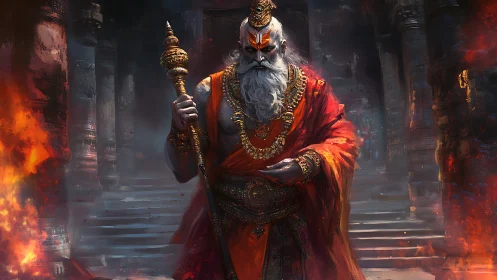 Elderly warrior priest stands in fiery temple corridor