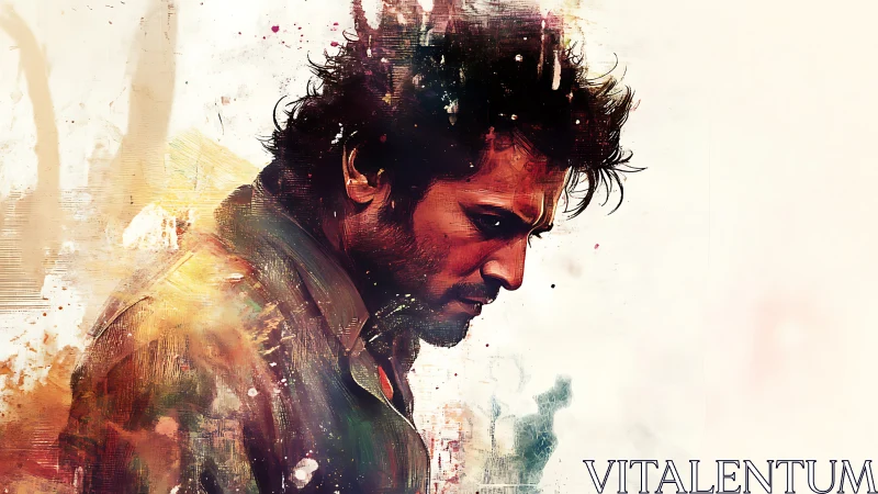 Brooding portrait in expressive watercolor splatter style.