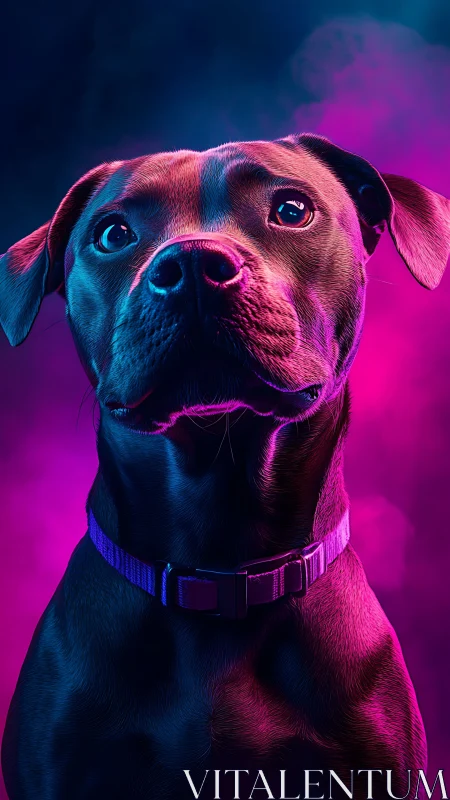 Black dog portrait under neon magenta and blue lighting