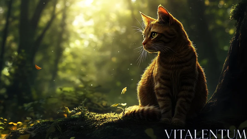 Tabby cat sits on moss in forest clearing with backlight