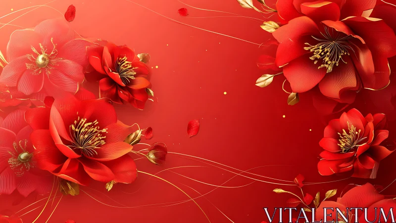 Radiant red blossoms glow gently with golden floral accents