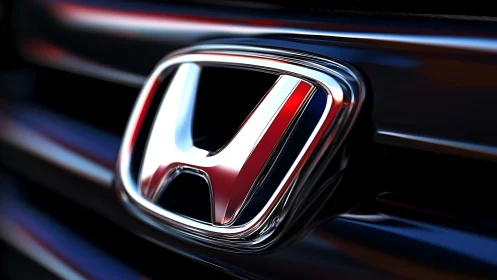 Close-up view of chrome automotive grille emblem on black surface.