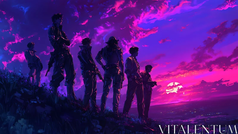 Sunset warriors stand united beneath neon painted skies