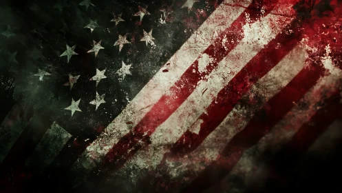 Weathered American flag in storm-torn, grunge-soaked twilight.