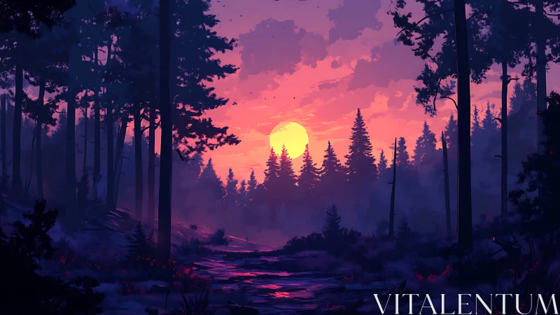 Forest Sunset. Golden Sun Through Purple Mist.