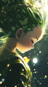 Gentle forest spirit girl glowing in soft golden light.