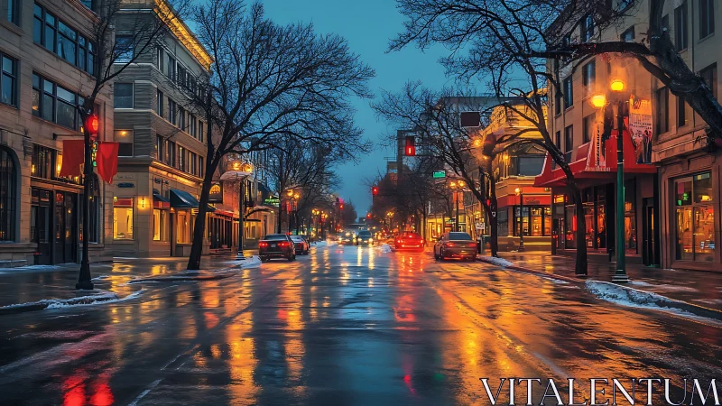 Wet winter city street glows under warm dusk lights.