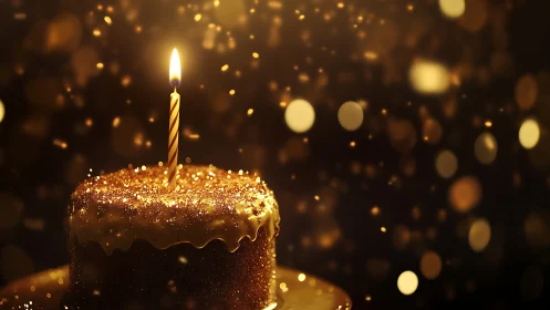 Luxe Birthday Cake with Ignited Spiral Candle Against Bokeh.