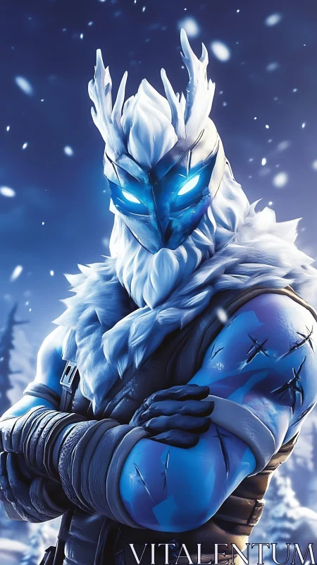 Frost-armored warrior stands defiant in a swirling blizzard.