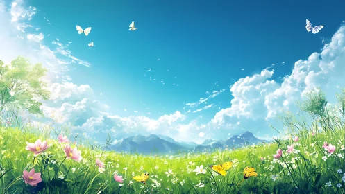 Sunlit meadow dreams under a wide open blue sky.