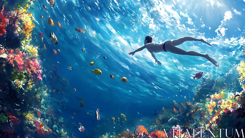 Swimmer glides above vibrant coral reef in dynamic anime seascape
