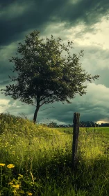 Lone hilltop tree bracing stormlight over wild green field.