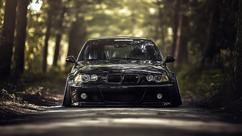 Low-slung black coupe in cinematic forest road framing.