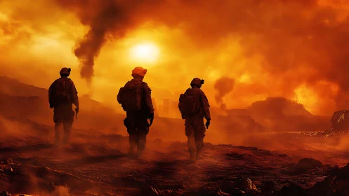 Three Military Personnel Traversing Apocalyptic Dust Storm With Volcanic Atmospheric Conditions