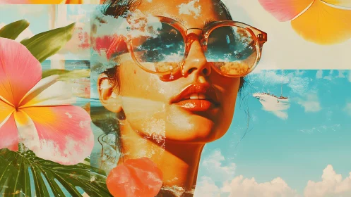 Vibrant tropical collage with woman in reflective sunglasses.