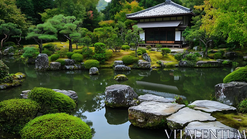 Zen garden hydro-landscape with pavilion and stone pathway.