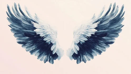 Symmetrical blue and white feathered wings on pale background.