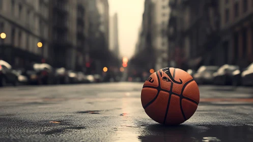 Basketball on wet urban street with blurred city backdrop.