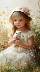 Summer meadow daydream with a child and tiny kitten.