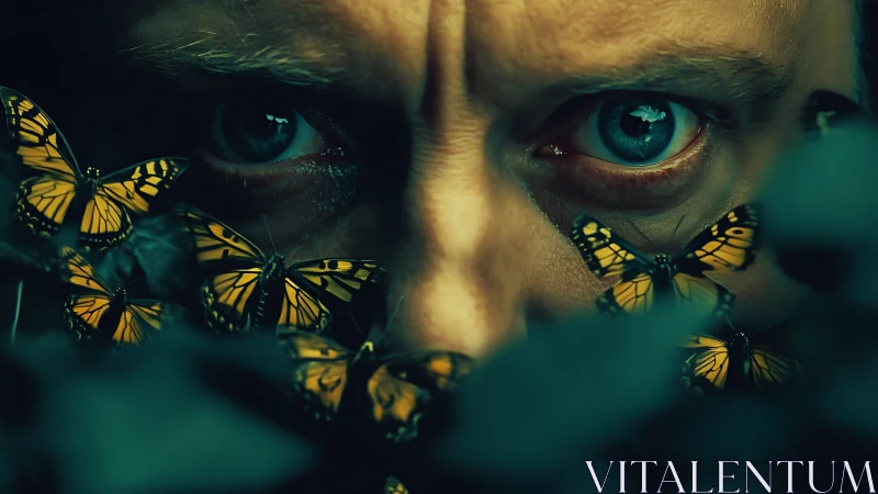 Intense blue eyes confront clustered monarch butterflies in shadow.