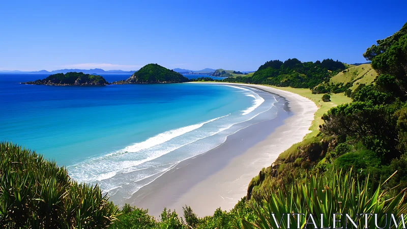 Pristine Coastal Beach with Turquoise Waters and Green Hillsides.