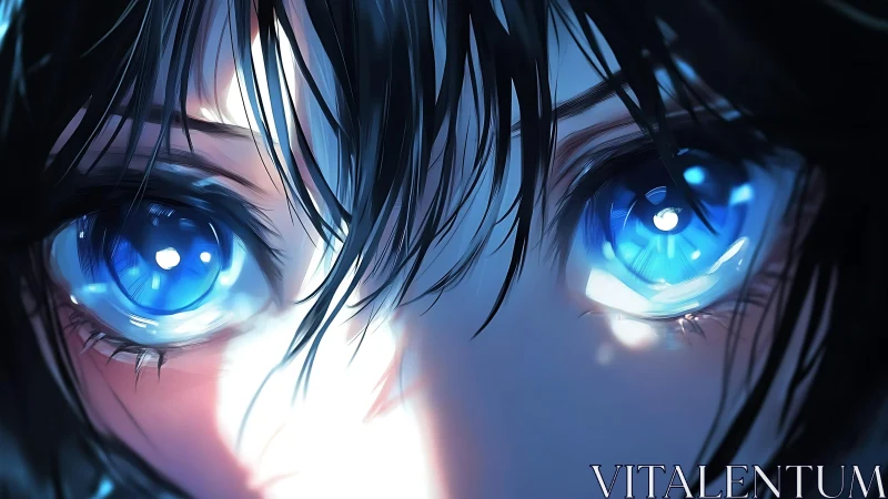 Iridescent blue anime eyes under high contrast rim light.