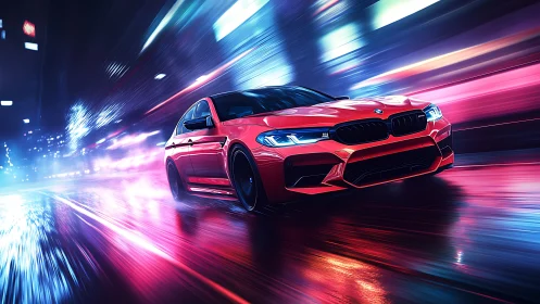 High-performance red sports sedan in neon urban motion blur