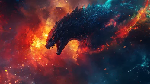 Cosmic Fire Dragon Profile in Neon Nebula Digital Painting.