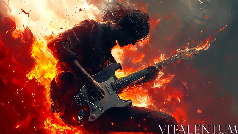 Silhouetted electric guitarist surrounded by abstract flames.