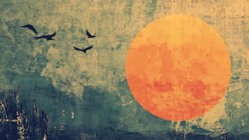 Textured sunset disc with silhouetted birds in flight.
