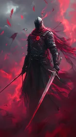 Armored figure with twin swords stands in red mist field