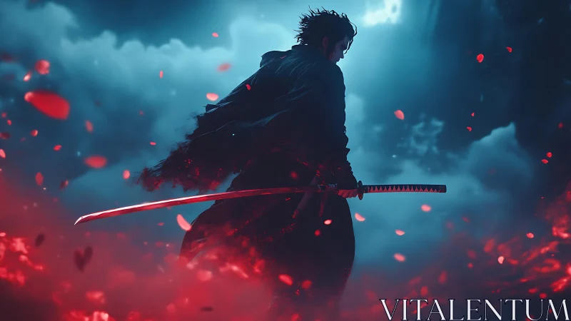 Stormlit swordsman stands strong in swirling red petals