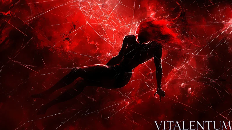 Silhouetted figure in red fractured abstract environment.