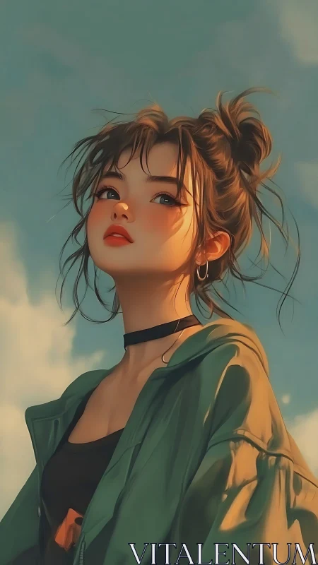 Young woman in green jacket under soft sky lighting.