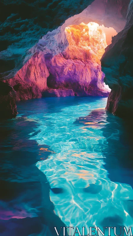 Glowing sea cave passage washed in dreamy sunset color.