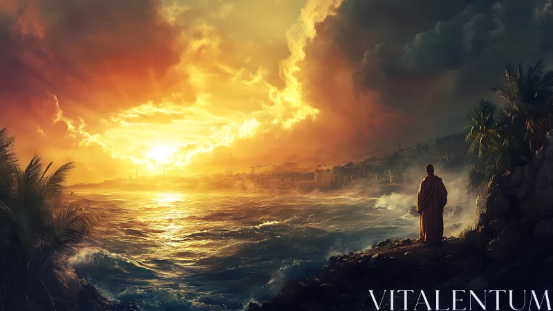 Digital painting seascape with cloaked figure at radiant sunset.