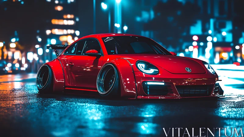 Red modified Volkswagen sports car on wet city street at night.