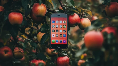 Digital Device Nestled Among Fruit-Bearing Branches.
