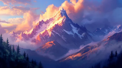 Mountain ridge stands under diffused sunset cloud illumination