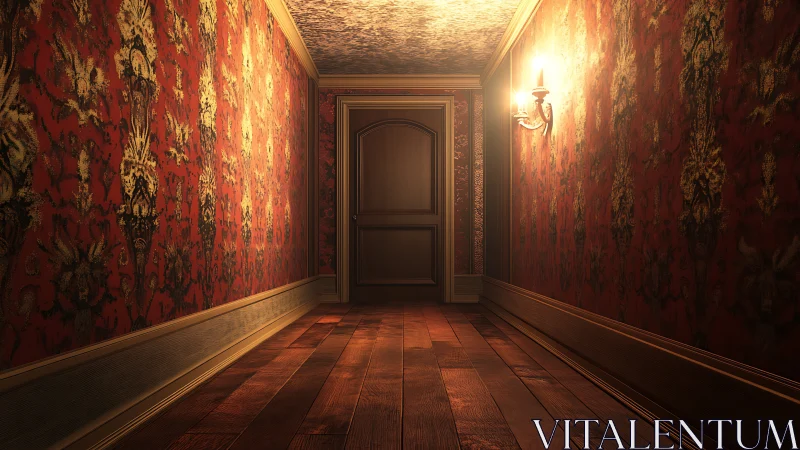 Softly lit vintage hallway leading toward a quiet wooden door.