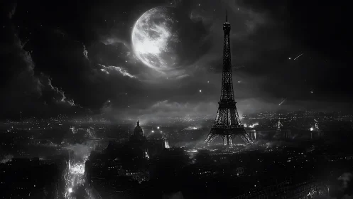 Eiffel Tower stands over nocturnal city under enlarged moon