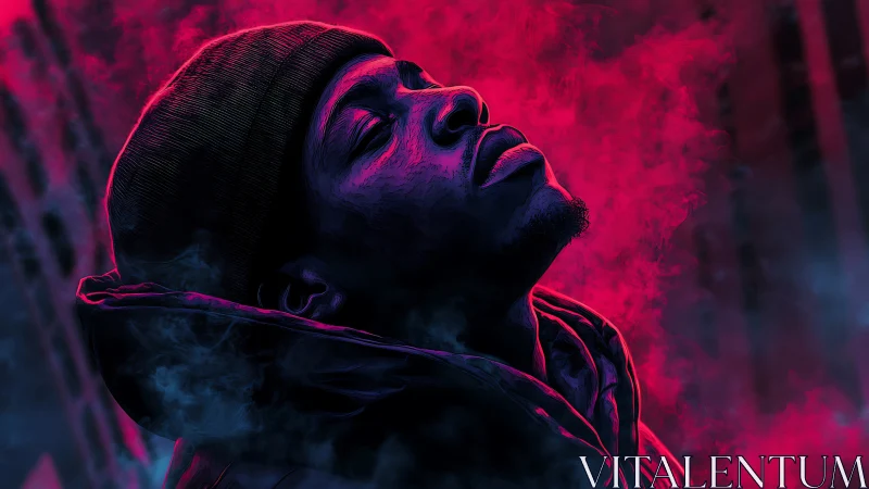 Neon-lit portrait captures upward gaze in electric haze.