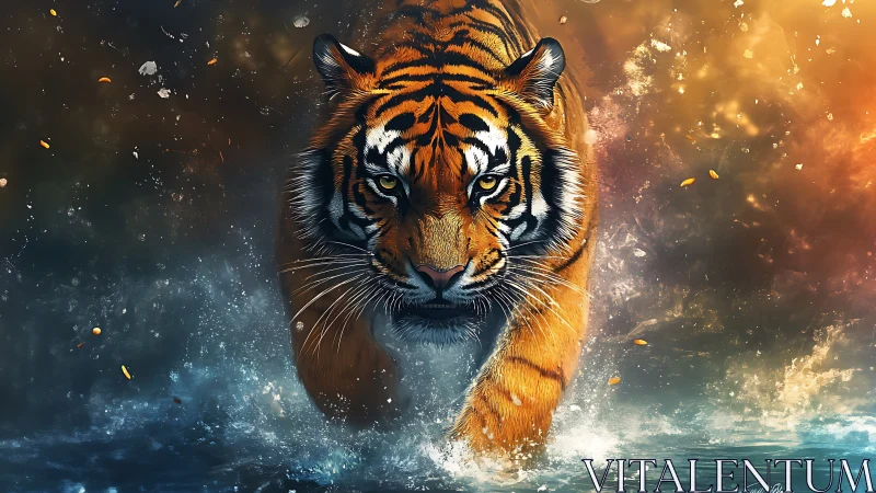 Dynamic digital painting of charging tiger in water spray.