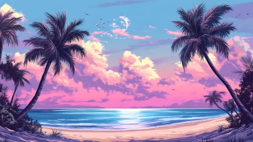Sunset palm beach glowing with soft pastel ocean light.
