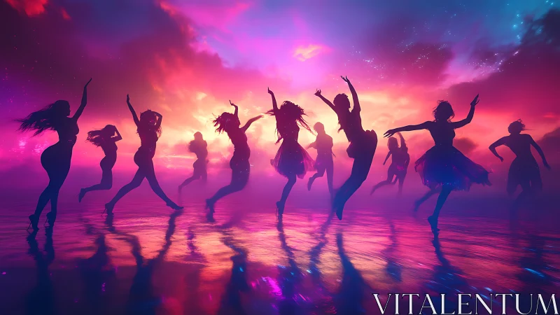 Silhouetted dancers move across neon sky reflection