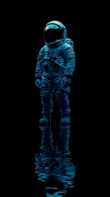 Luminous lone astronaut wading across midnight mirror water.