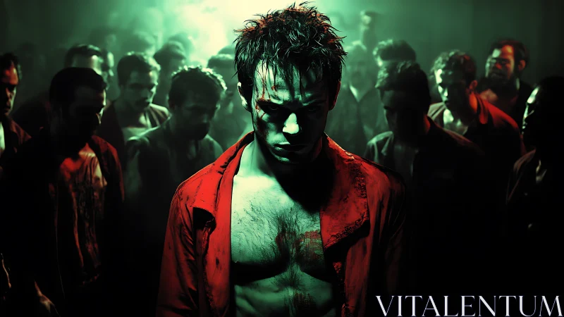 Bloodlit rebel bows under neon shadows of a watching crowd