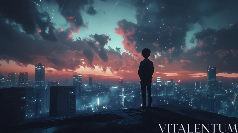 Silhouetted figure on rooftop over luminous dusk megacity