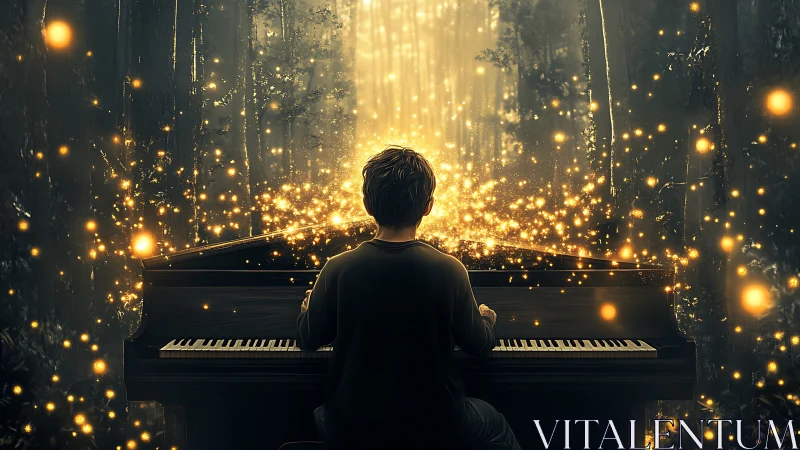Boy plays piano in glowing forest filled with golden lights