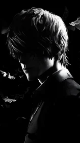 Brooding silhouette of young man amid luminous doves.